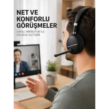 Bluetooth 5.0 Kablosuz Kulak Üstü Kulaklık Mikrofonlu RGB Aydınlatmalı