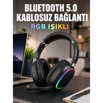 Bluetooth 5.0 Kablosuz Kulak Üstü Kulaklık Mikrofonlu RGB Aydınlatmalı