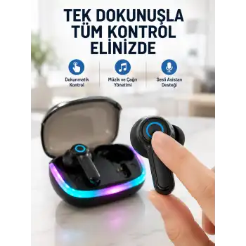 Bluetooth 5.4 TWS Kablosuz Kulaklık Quad ENC Mikrofonlu RGB Şarj Kutulu HD Ses