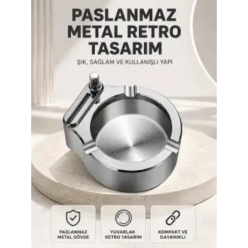 Çakmaklı Küllük Paslanmaz Metal Yuvarlak Tasarım