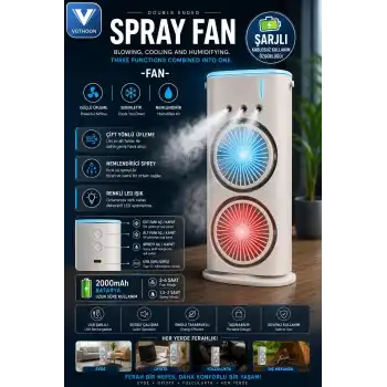 Çift Başlıklı Sprey Fan Nemlendirici Ve Renkli Led Işıklı Beyaz