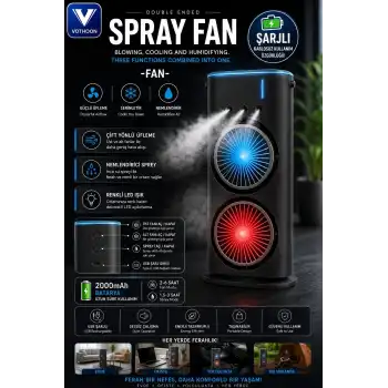 Çift Başlıklı Sprey Fan Nemlendirici Ve Renkli Led Işıklı Siyah