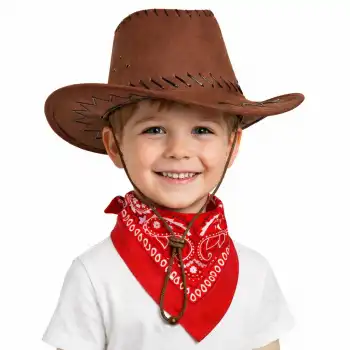 Çocuk Kovboy Şapka Kahverengi ve Kırmızı Bandana Seti