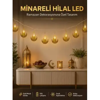 Dekoratif Minareli Hilal LED Işık Metal Gövdeli Ramazan Aydınlatma