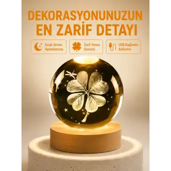 Dekoratif Yonca Görünümlü Işıklı Kristal Cam Küre USB Masa Gece Lambası