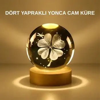 Dekoratif Yonca Görünümlü Işıklı Kristal Cam Küre USB Masa Gece Lambası