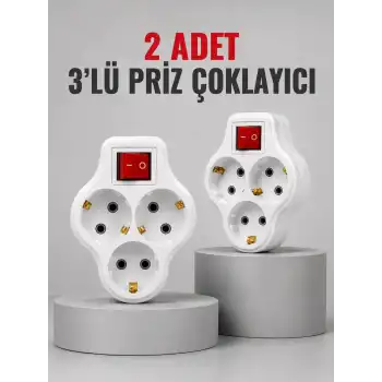 Direkt Duvar Prizine Takılan 3’lü Priz Adaptörü Anahtarlı Priz Çoklayıcı 2 Adet