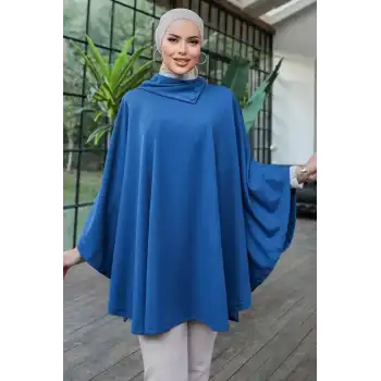 Düğme Detaylı Şık Tasarımlı Mavi Şal Yaka Panço