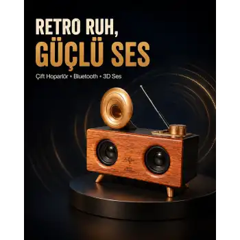 Gramafon Tasarımlı Bluetooth Hoparlör 3D Ses Teknolojili Çok Fonksiyonlu