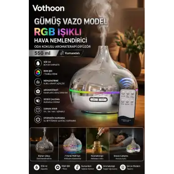 Gümüş Vazo Model Rgb Işıklı Hava Nemlendirici & Aromaterapi Difüzör – 550 Ml Kumandalı