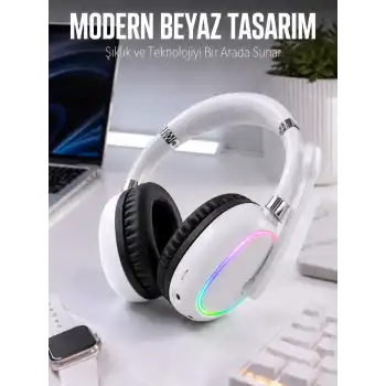 Kablosuz Bluetooth Mikrofonlu Beyaz Kulaklık  RGB Işıklı