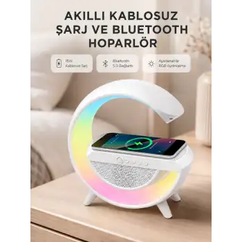 Kablosuz Şarjlı Bluetooth Hoparlör ve Gece Lambası – NFC, FM Radyo, RGB Işık