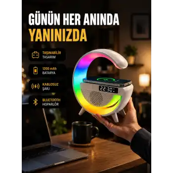 Kablosuz Şarjlı LED Masa Lambası Çalar Saat ve Beyaz Gürültü Özellikli