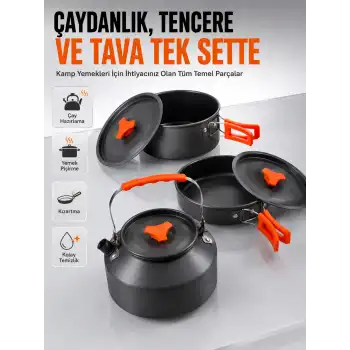 Kamp Pişirme Seti Hafif Alüminyum Tencere Tava Çaydanlık Piknik ve Karavan Mutfak Seti