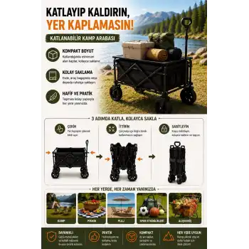 Katlanır Kamp Arabası 130 Kg Kapasiteli Üst Tablalı Kalın Tekerlekli Çok Amaçlı Taşıma Arabası