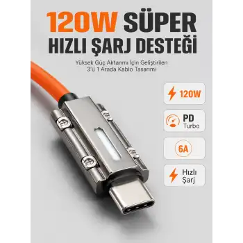 LED Göstergeli 120W PD Turbo Destekli Premium 3ü 1 Arada Şarj Kablosu