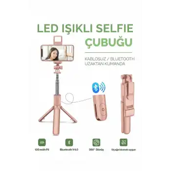 Led Işıklı Selfie Çubuğu Bluetooth Kumandalı Kablosuz Tripot Selfie Monopod Selfie Stick (Pembe)