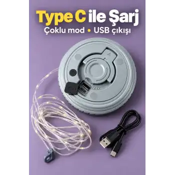 LED Şeritli Kamp Işığı Type C Şarj Girişli