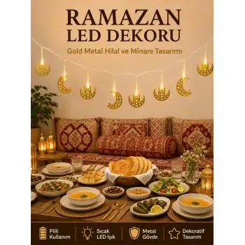 Minareli Hilal LED Işık Gold Metal Gövdeli Pilli Ramazan Dekoru