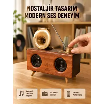 Nostaljik Gramofon Bluetooth Hoparlör – FM Radyo + USB + SD Kart Destekli