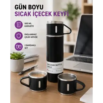 Paslanmaz Çelik 500 ml Termos Seti – 8 Saat Isı Koruma, Vakumlu, Sızdırmaz ve Taşınabilir