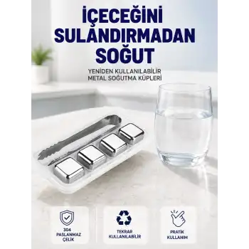 Paslanmaz Çelikten Üretilmiş Metal Buz Küpü Seti ve Buz Klipsi