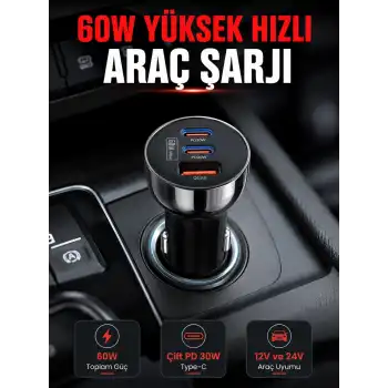 PD 30W Çift USB-C Araç Şarj Cihazı 60W Hızlı Şarj Adaptörü