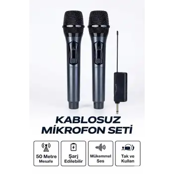 Profesyonel Çiftli Kablosuz Mikrofon Seti Karaoke Şarj Edilebilir 50 Metre
