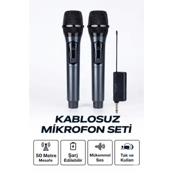 Profesyonel Çiftli Kablosuz Mikrofon Seti Karaoke Şarj Edilebilir 50 Metre