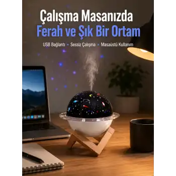 Projektör ışıklı ve aromaterapi destekli taşınabilir nemlendirici cihaz USB bağlantılı