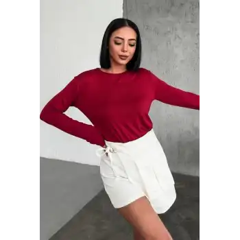 Rahat Ve Şık Uzun Kollu Bisiklet Yaka Likralı Viskon Penye Body Bordo