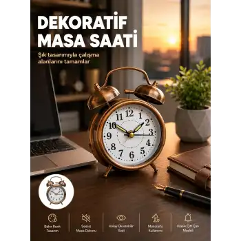 Retro Tarz Bronz Dekoratif Masa Saati Metal Gövde Yüksek Sesli Alarm