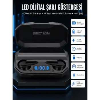 Rgb Işıklı Çift Mikrofonlu Siyah Profesyonel  Kulaklığı Kablosuz Kulakiçi