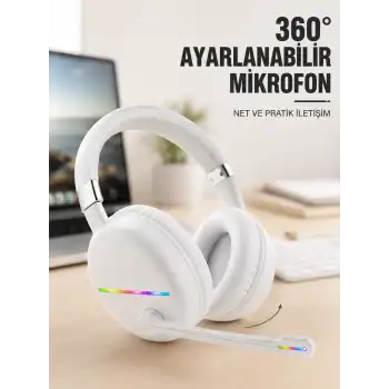 RGB Işıklı Mikrofonlu Bluetooth Kulaklık Beyaz Over-Ear Tasarım Type-C Şarjlı