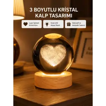 Romantik Kalpli Kristal Cam Küre USB’li Işıklı Dekoratif Obje