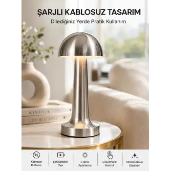 Şarjlı Kablosuz Mantar Masa Lambası Dokunmatik 3 Renk LED Modern Tasarım Yeni Nesil