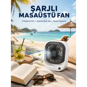 Şarjlı Masaüstü Fan 3 Kademeli Hız Ayarlı Güçlü Hava Akışı