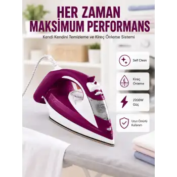 Seramik Tabanlı Kırmızı 2200 Watt Şok Buharlı Ütü Yeni Nesil