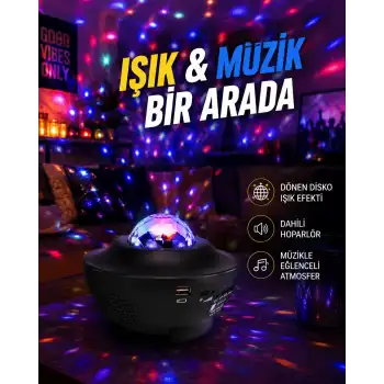 Sesle Etkileşimli Yıldız Projektörlü Gece Lambası – Bluetooth Hoparlörlü, USB Girişli, Dönen Okyanus