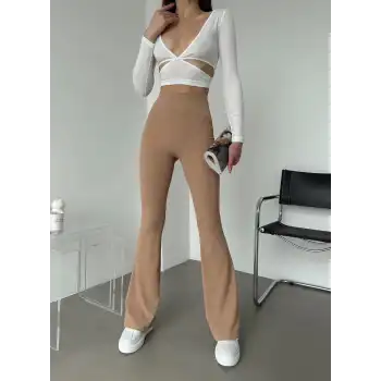 Şık Ve Rahat Yüksek Bel İspanyol Paça Fitilli Toparlayıcı Bej Tayt