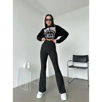 Şık Ve Rahat Yüksek Bel İspanyol Paça Fitilli Toparlayıcı Siyah Tayt