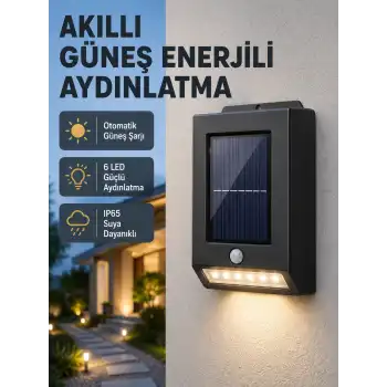 Solar Güçlü 6 LED Dış Mekan Lambası – Otomatik Aç/Kapa Işık Sensörlü Aydınlatma