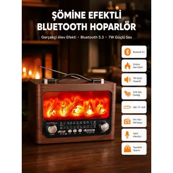 Solar Şarjlı Şömine Işıklı Bluetooth Hoparlör – Radyo, USB, TF Kart Destekli