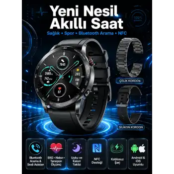 Suya Dayanıklı Dokunmatik Akıllı Saat Bluetooth 5.0, Sesli Asistan ve Sağlık Takibi