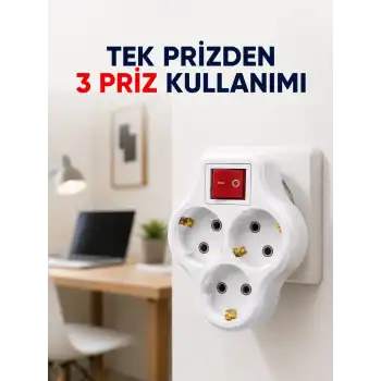Tek Prizi 3’lü Yapan Anahtarlı Priz Adaptörü Topraklı Priz Çoğaltıcı
