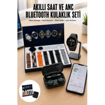 Ucuz Kaliteli Yeni Nesil 7 Kordonlu Akıllı Saat ve Kablosuz Bluetooth Kulaklık ANC Özelliği