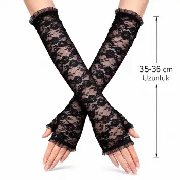 Uzun Zarif Dantel Eldiven Parmaksız Siyah