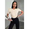 Rahat Ve Şık Kısa Kollu Bisiklet Yaka Likralı Viskon Penye Body Bej