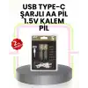 Tekrar Şarj Edilebilir AA USB Type-C Pil | 1000+ Döngü | 1.5V Sabit Voltaj