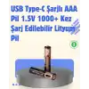USB Type-C Şarjlı AAA Lityum Pil 1000+ Şarj Döngüsü ile Uzun Ömür
